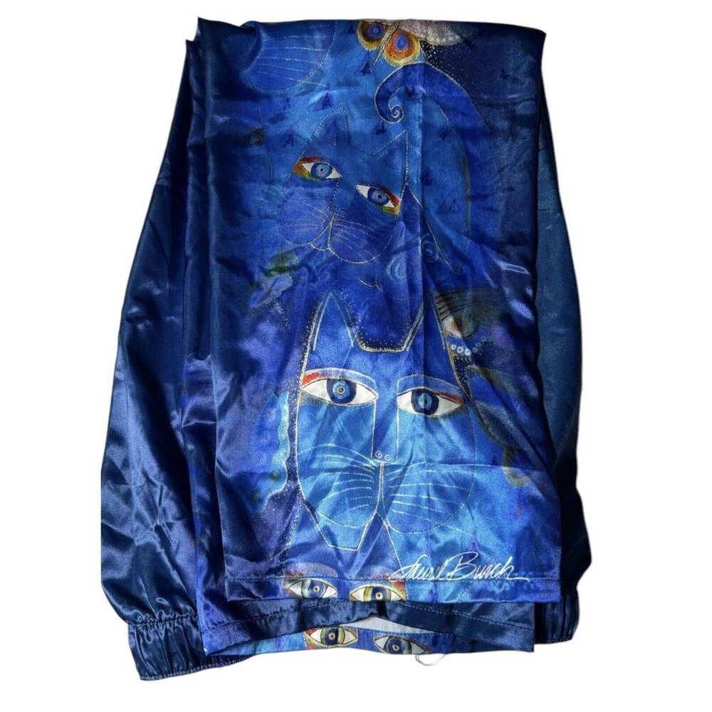 Laurel‎ Burch Indigo Cats Pants Womens XL Satin Blue Lounge Pajama Folk Art PJs
